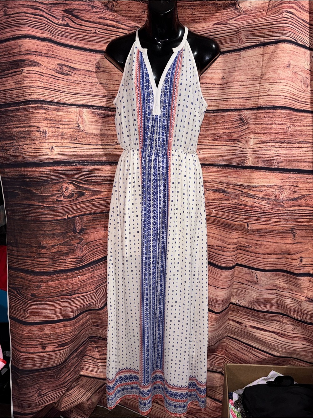 Lush White Maxi Dress with Blue & Coral Print